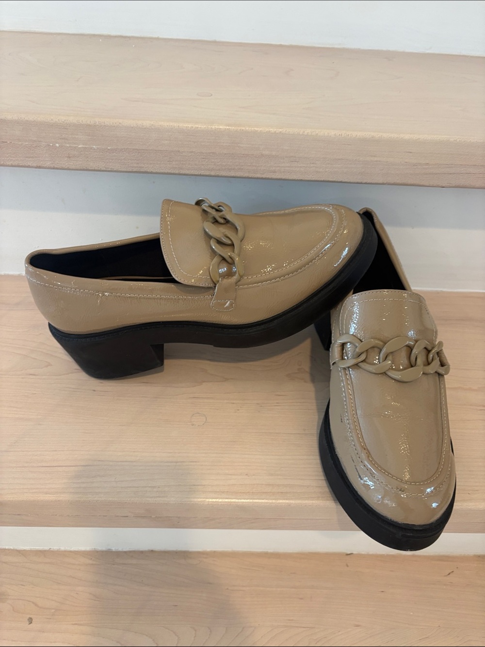 Beige Patent Chain-Trim Platform Loafers - Women